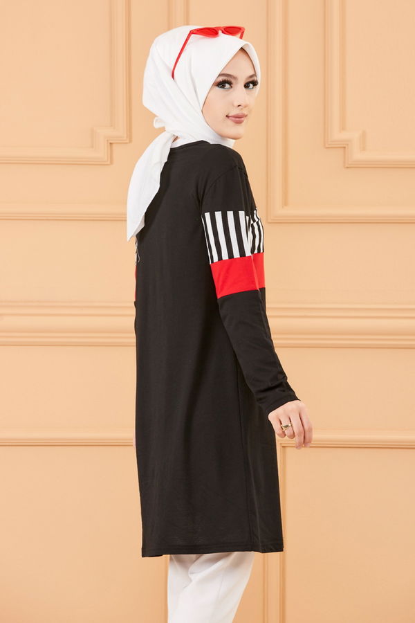 Düz Bisiklet Yaka Kadın Siyah TUNIK - 3591