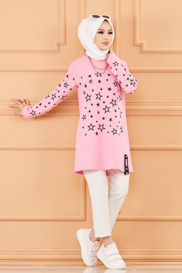 Düz Bisiklet Yaka Kadın Pembe Yıldız Baskılı Tunik - 8385