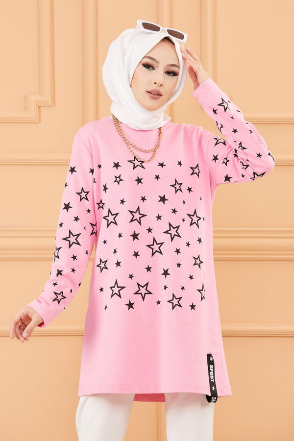 Düz Bisiklet Yaka Kadın Pembe Yıldız Baskılı Tunik - 8385