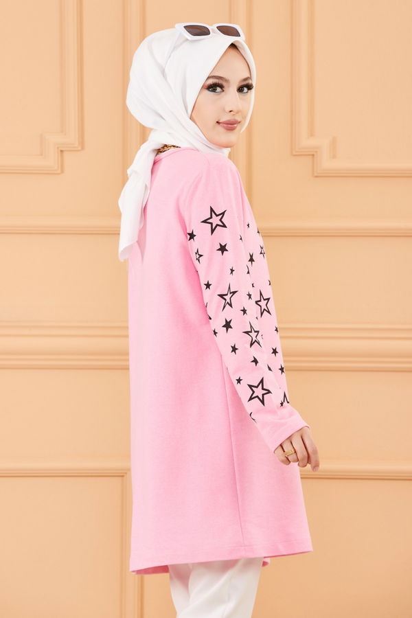 Düz Bisiklet Yaka Kadın Pembe Yıldız Baskılı Tunik - 8385