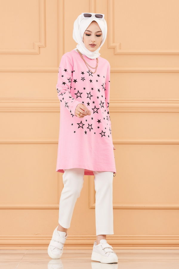 Düz Bisiklet Yaka Kadın Pembe Yıldız Baskılı Tunik - 8385