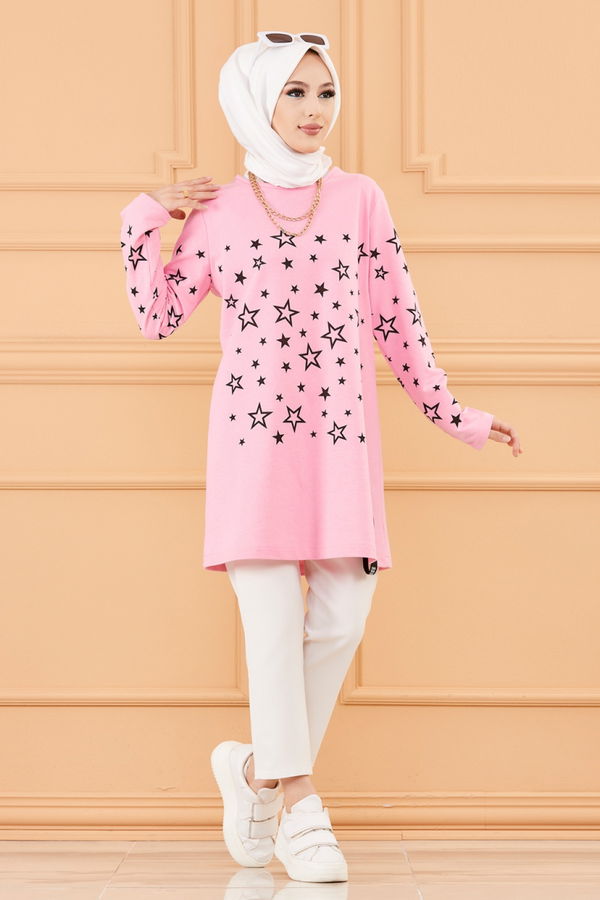 Düz Bisiklet Yaka Kadın Pembe Yıldız Baskılı Tunik - 8385