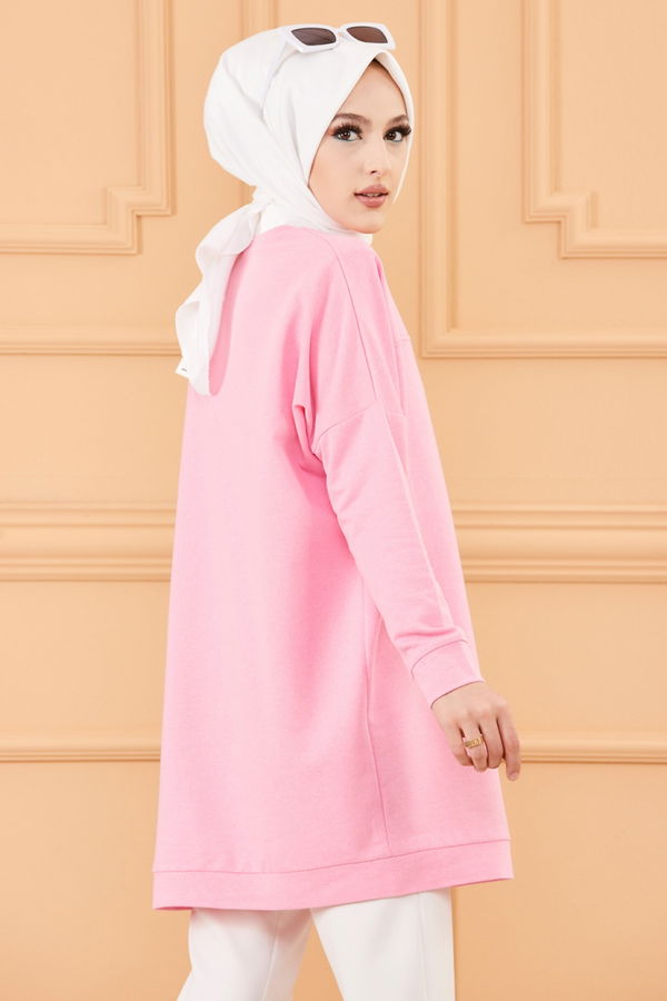 Düz Bisiklet Yaka Kadın Pembe Tunik - 3350 PEMBE