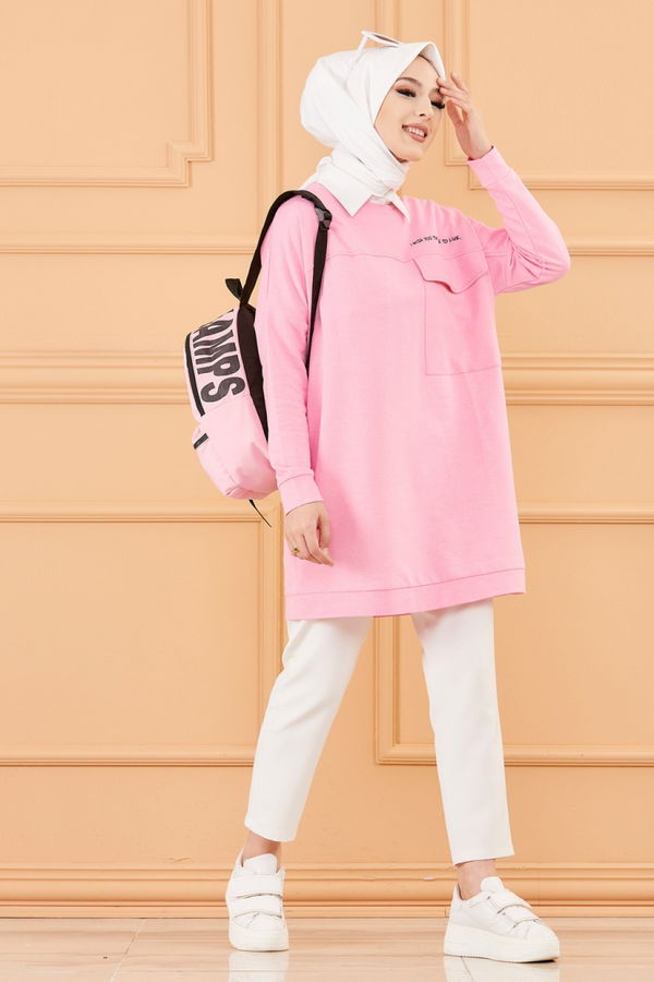 Düz Bisiklet Yaka Kadın Pembe Tunik - 3350 PEMBE