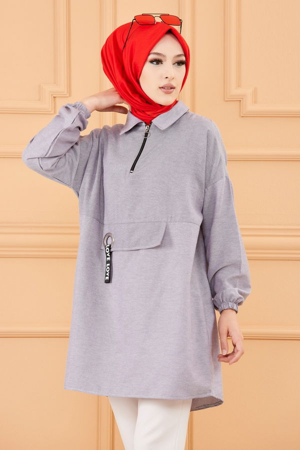 Düz Orta Kadın Gri Kuş Gözlü Tunik - 3479 GRİ