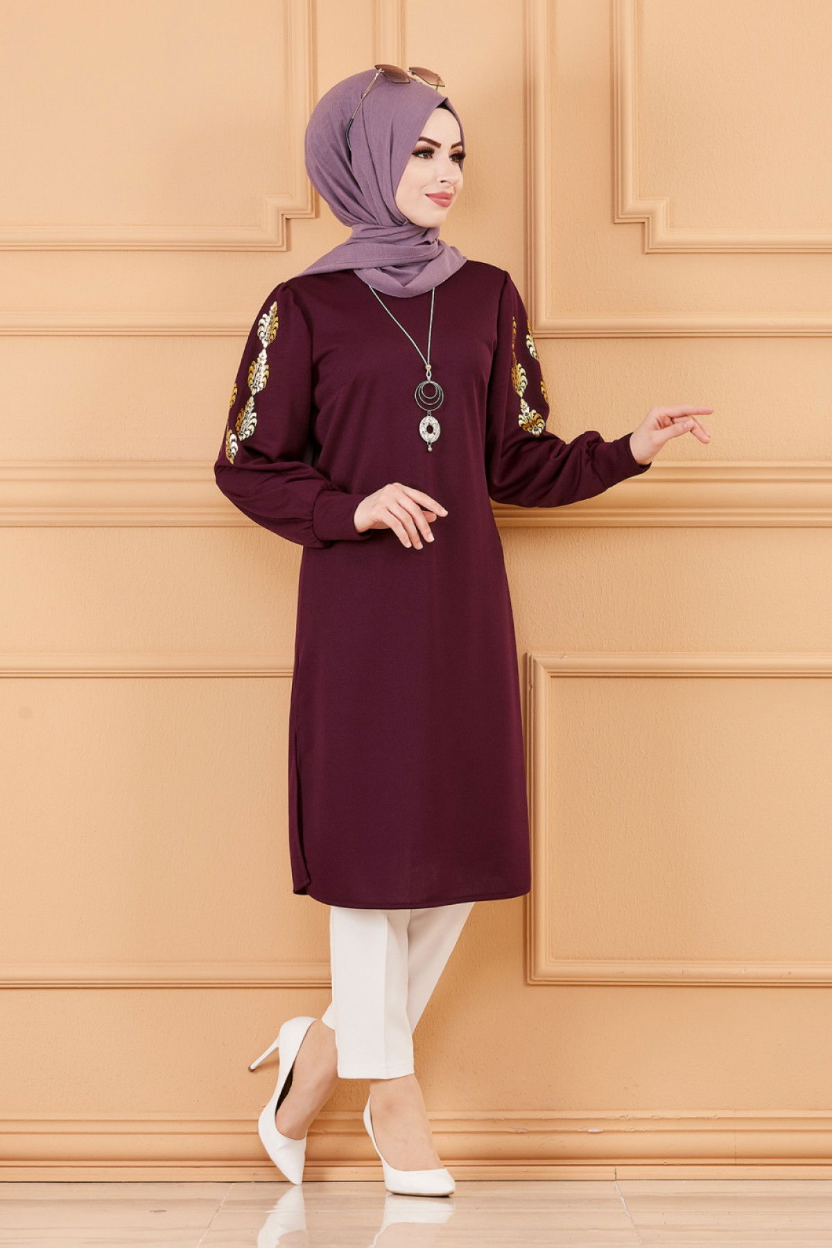 Düz Bisiklet Yaka Kadın Mürdüm TUNIK - 3646