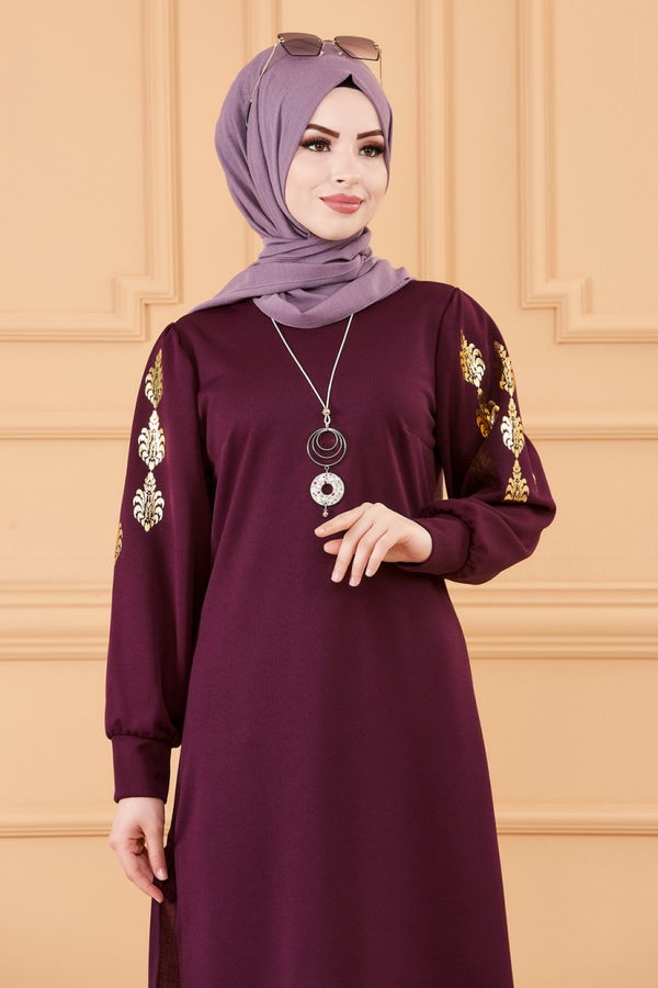 Düz Bisiklet Yaka Kadın Mürdüm TUNIK - 3646