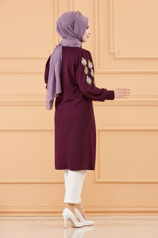 Düz Bisiklet Yaka Kadın Mürdüm TUNIK - 3646