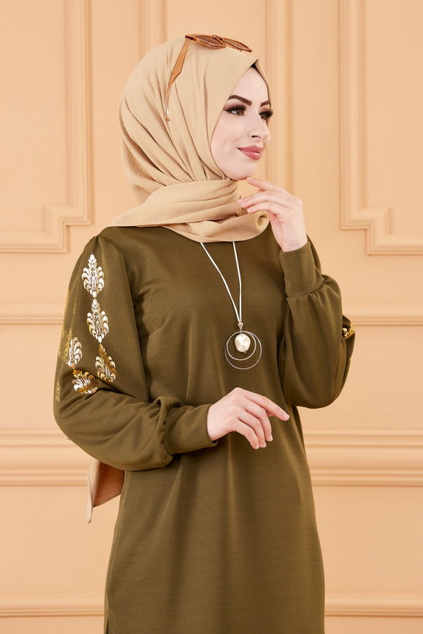 Düz Bisiklet Yaka Kadın Haki TUNIK - 3646 HAKİ