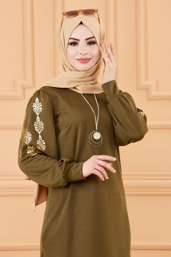 Düz Bisiklet Yaka Kadın Haki TUNIK - 3646 HAKİ