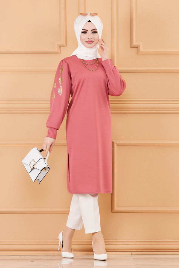 Düz Bisiklet Yaka Kadın Pembe TUNIK - 3646