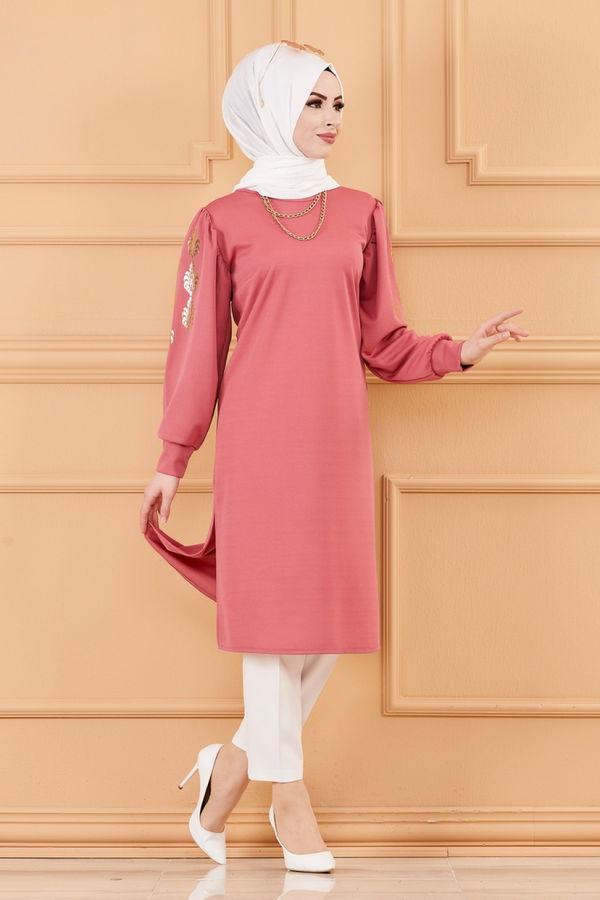 Düz Bisiklet Yaka Kadın Pembe TUNIK - 3646