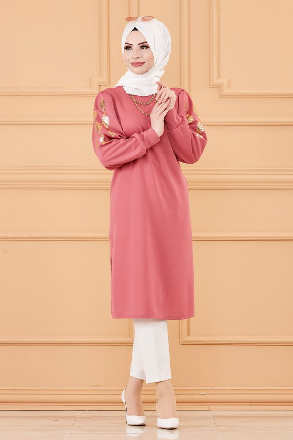 Düz Bisiklet Yaka Kadın Pembe TUNIK - 3646