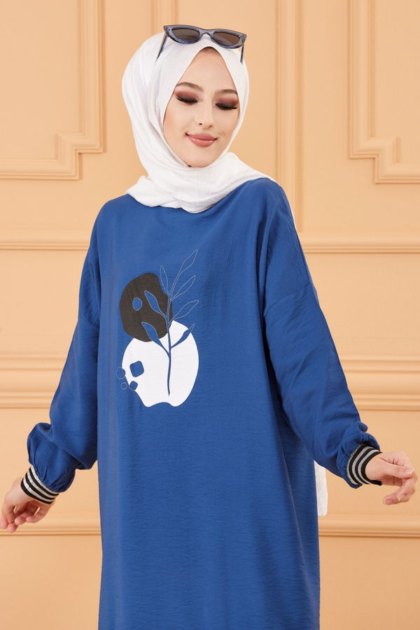 Düz Bisiklet Yaka Kadın Mavi BASKILI TUNIK - 3527