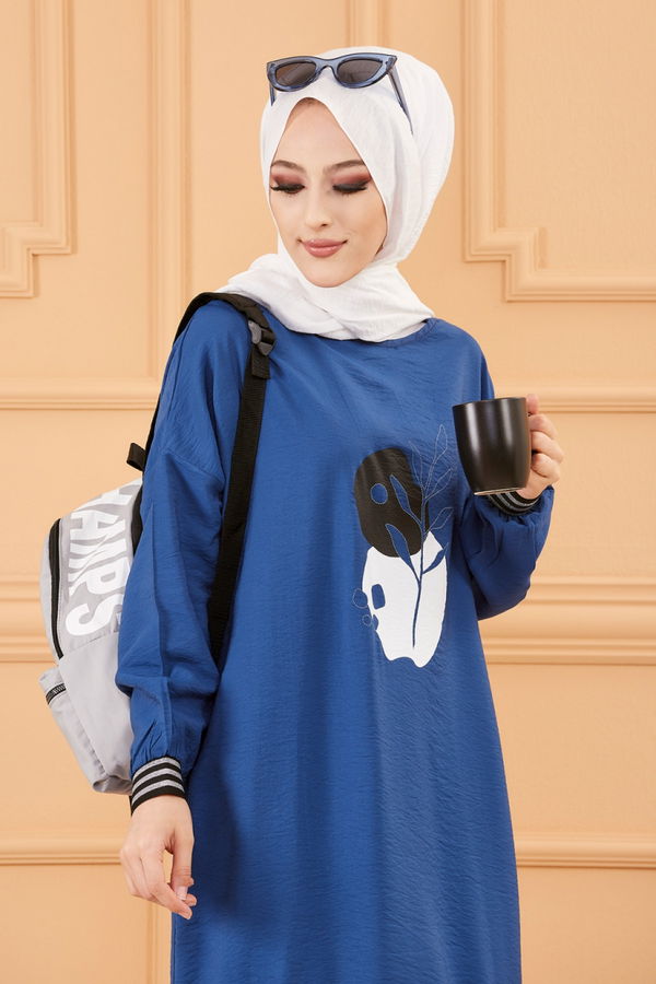 Düz Bisiklet Yaka Kadın Mavi BASKILI TUNIK - 3527