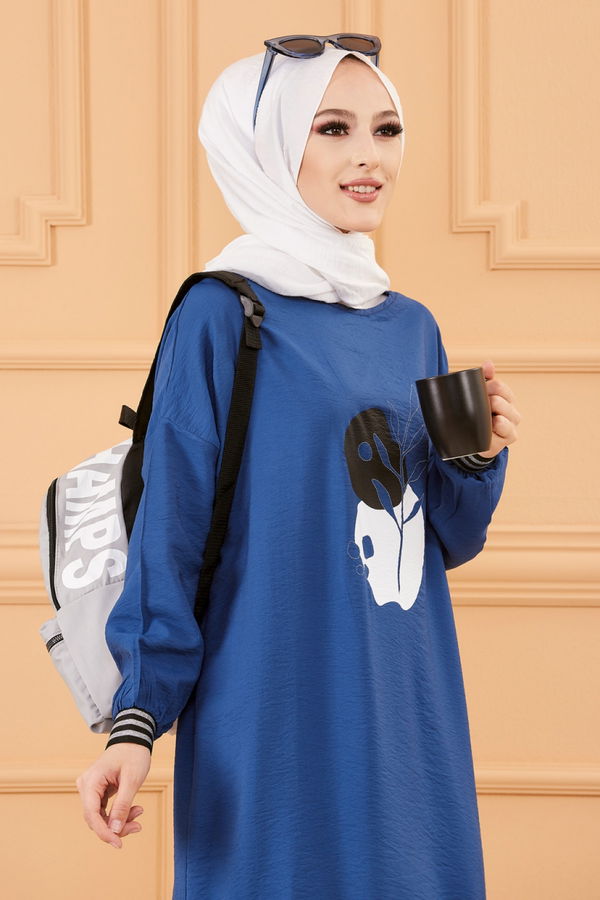 Düz Bisiklet Yaka Kadın Mavi BASKILI TUNIK - 3527