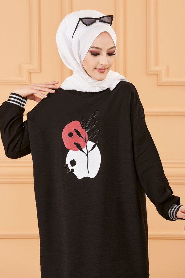 Düz Bisiklet Yaka Kadın Siyah BASKILI TUNIK - 3527 SİYAH