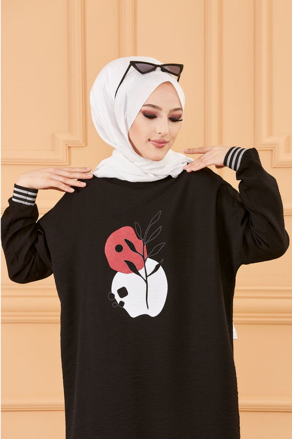 Düz Bisiklet Yaka Kadın Siyah BASKILI TUNIK - 3527 SİYAH