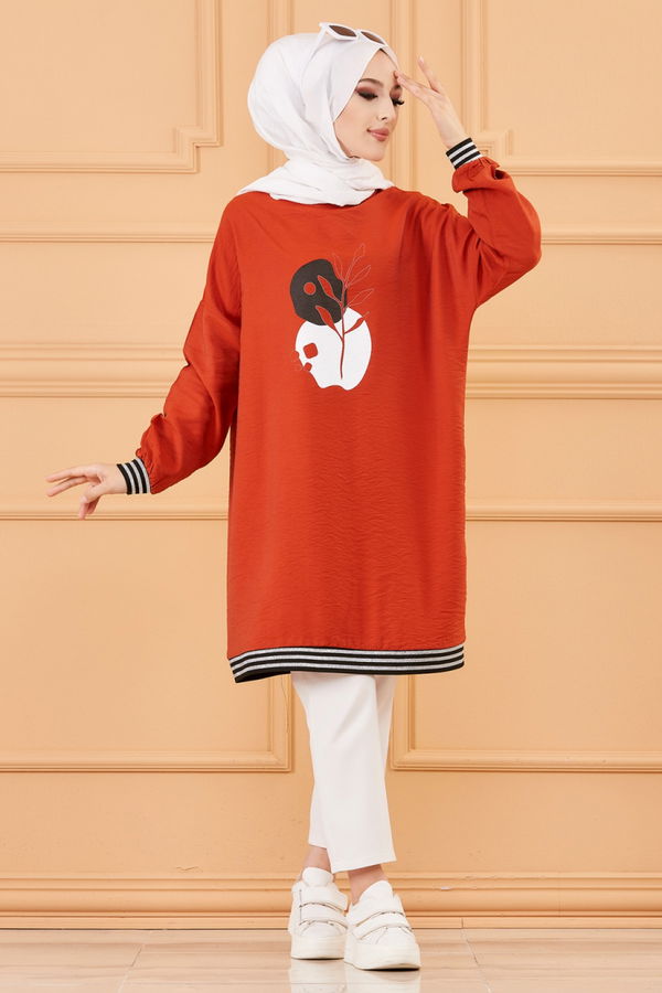 Düz Bisiklet Yaka Kadın Kiremit BASKILI TUNIK - 3527 KİREMİT