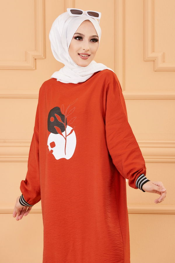 Düz Bisiklet Yaka Kadın Kiremit BASKILI TUNIK - 3527 KİREMİT