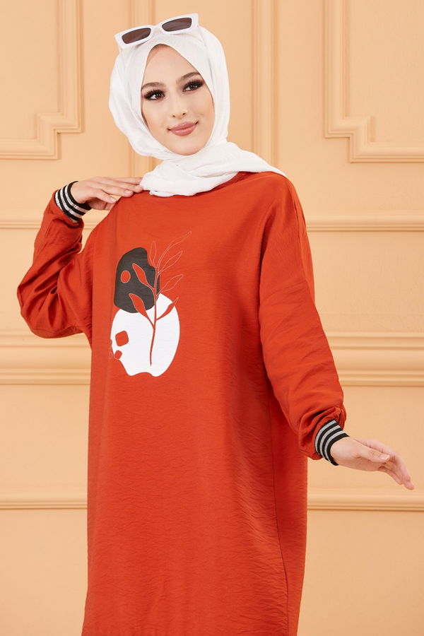 Düz Bisiklet Yaka Kadın Kiremit BASKILI TUNIK - 3527 KİREMİT