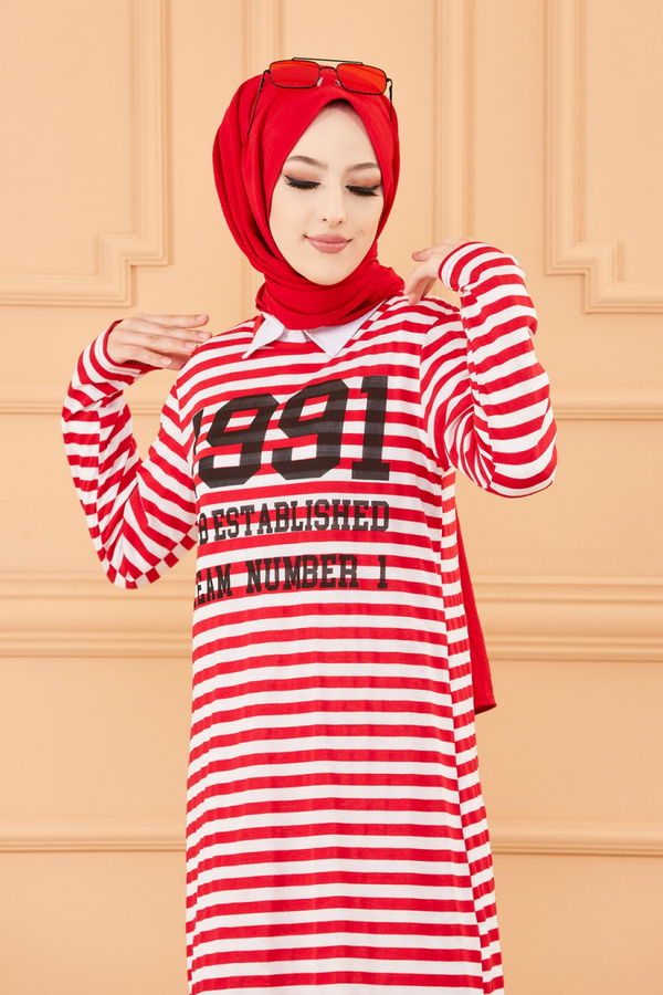 Düz Bisiklet Yaka Kadın Kırmızı TUNIK - 3665