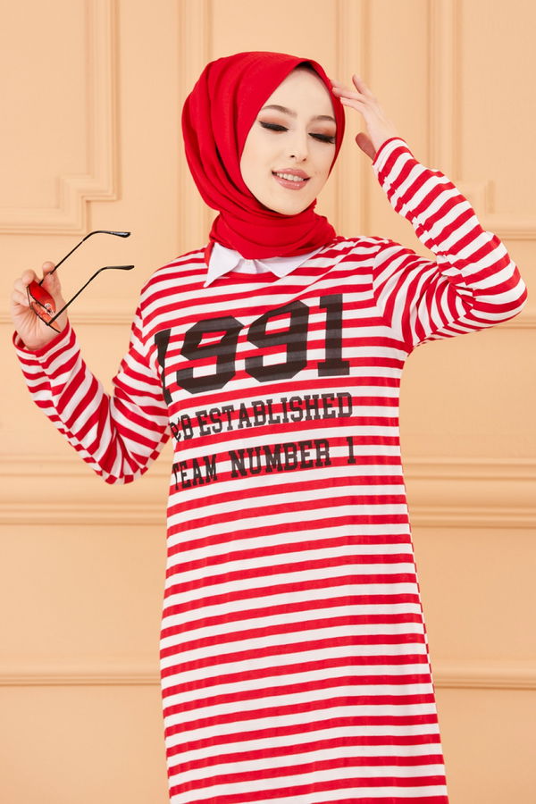 Düz Bisiklet Yaka Kadın Kırmızı TUNIK - 3665