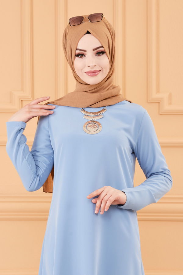 Düz Bisiklet Yaka Kadın Mavi TUNIK - 3652 MAVİ