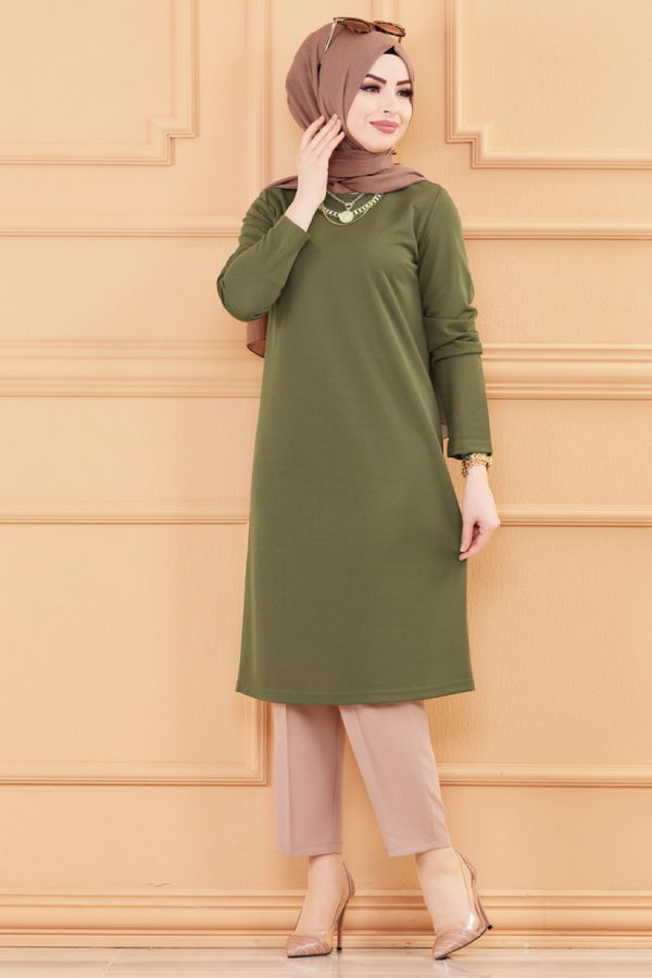 Düz Bisiklet Yaka Kadın Haki TUNIK - 3514 HAKİ
