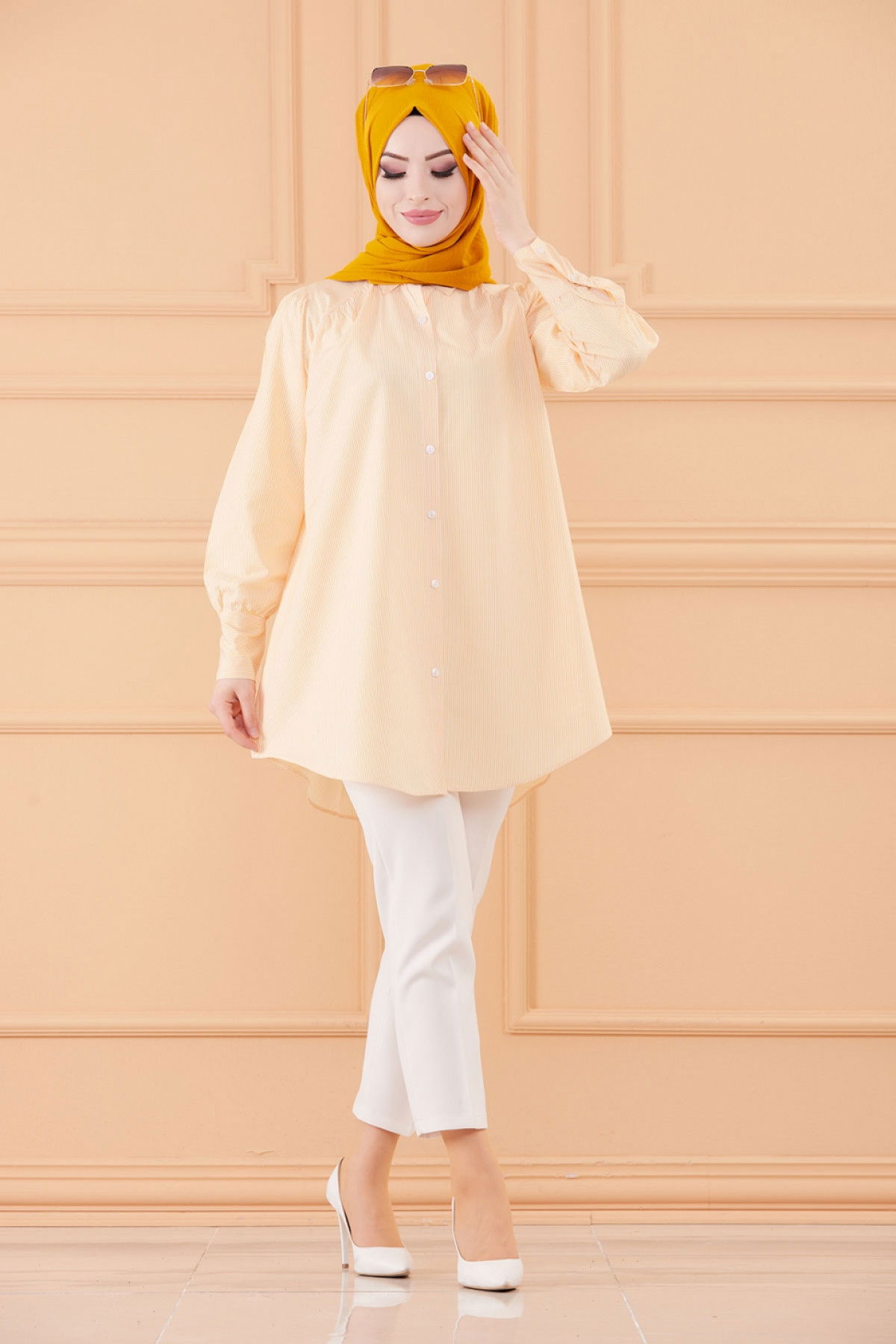 Düz Gömlek Yaka Kadın Sarı TUNIK - 8759 Sarı