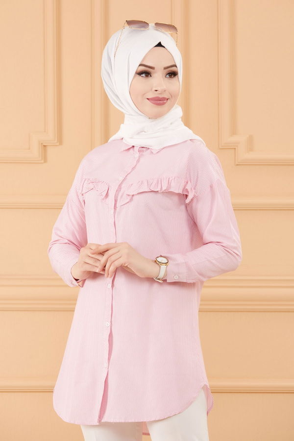 Düz Gömlek Yaka Kadın Pembe TUNIK - 13081 PEMBE