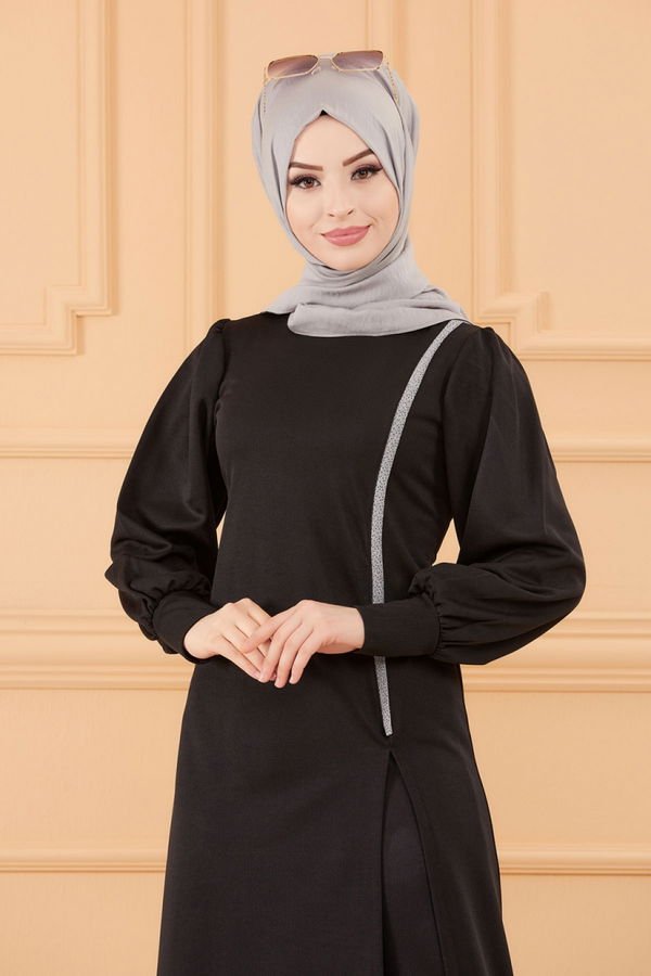 Düz Bisiklet Yaka Kadın Siyah TUNIK PANTOLON - 3670