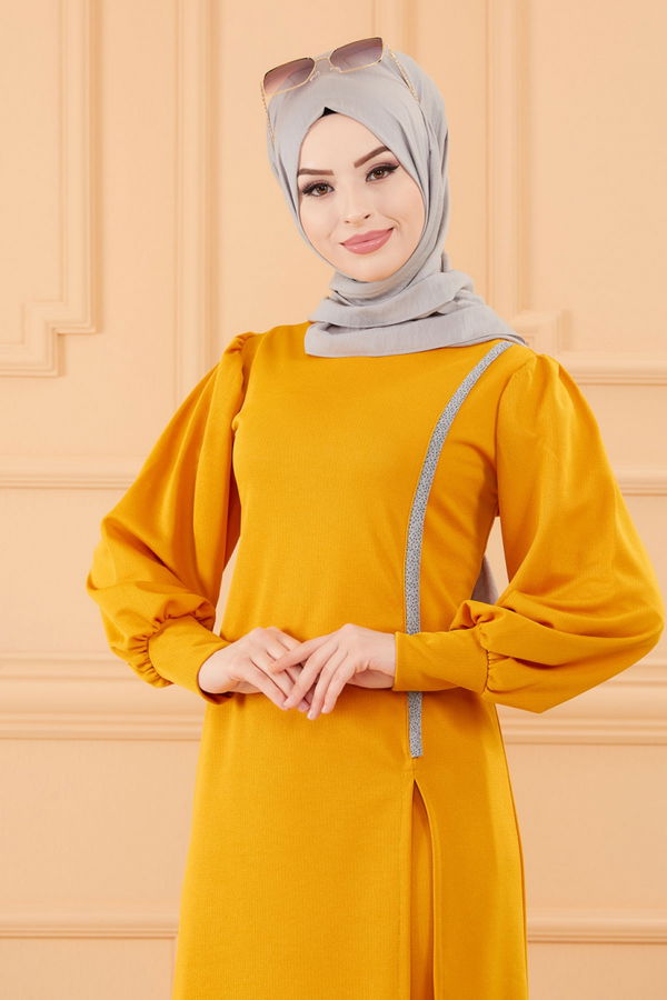 Düz Bisiklet Yaka Kadın Sarı TUNIK PANTOLON - 3670 Sarı