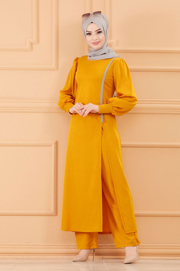 Düz Bisiklet Yaka Kadın Sarı TUNIK PANTOLON - 3670 Sarı
