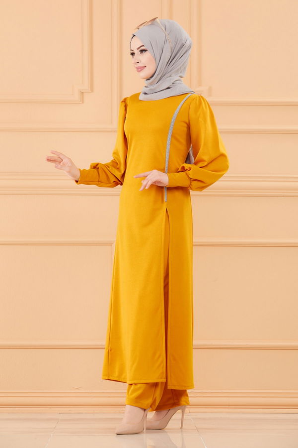 Düz Bisiklet Yaka Kadın Sarı TUNIK PANTOLON - 3670 Sarı