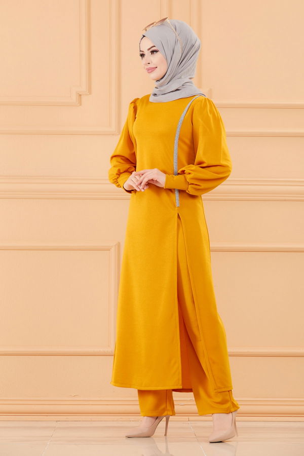 Düz Bisiklet Yaka Kadın Sarı TUNIK PANTOLON - 3670 Sarı