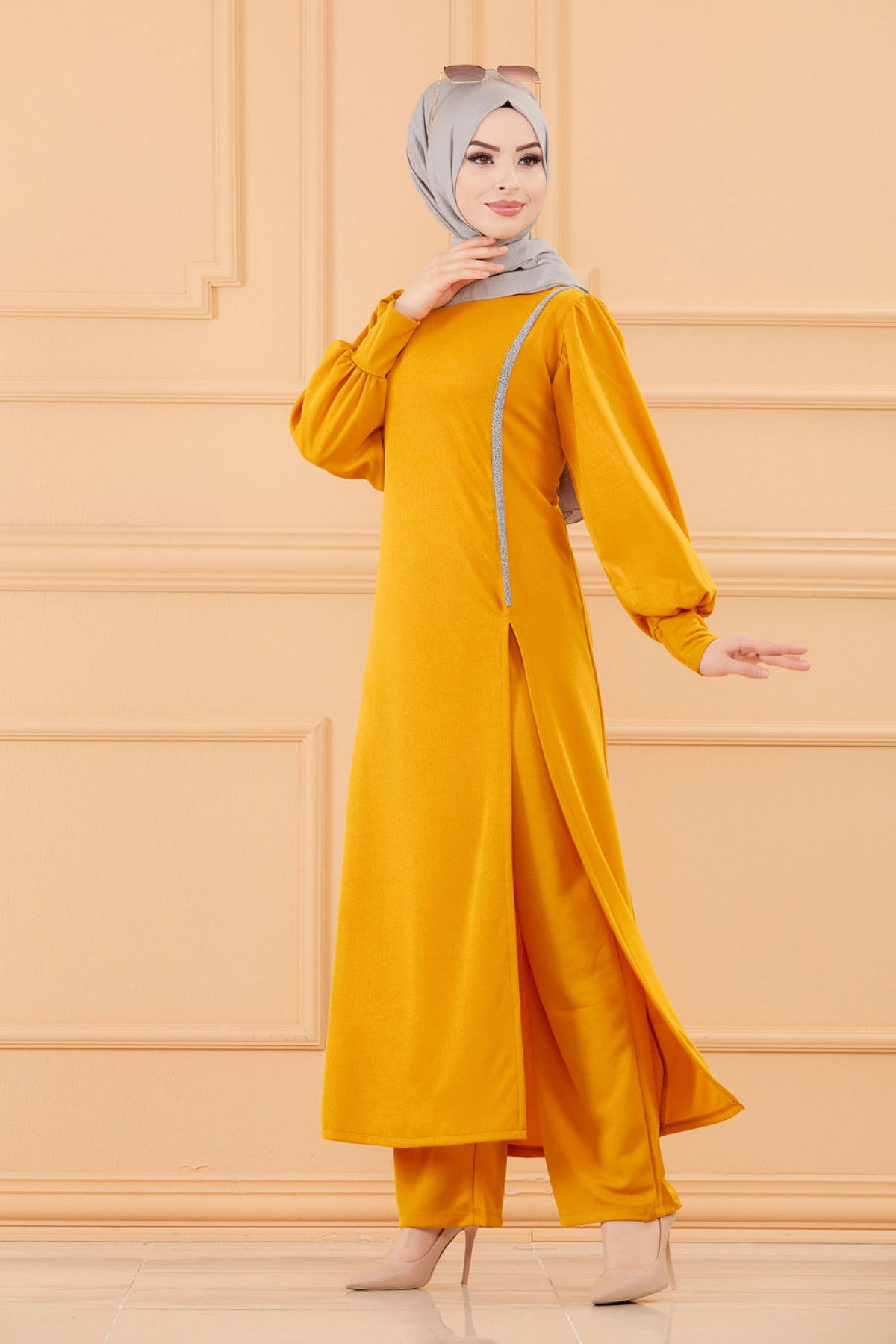 Düz Bisiklet Yaka Kadın Sarı TUNIK PANTOLON - 3670 Sarı