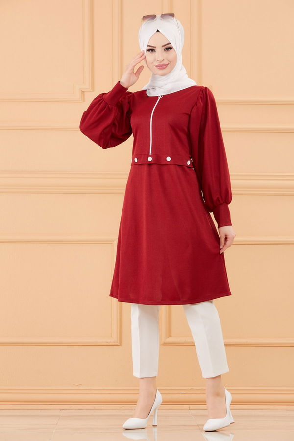 Düz Bisiklet Yaka Kadın Bordo TUNIK - 3680