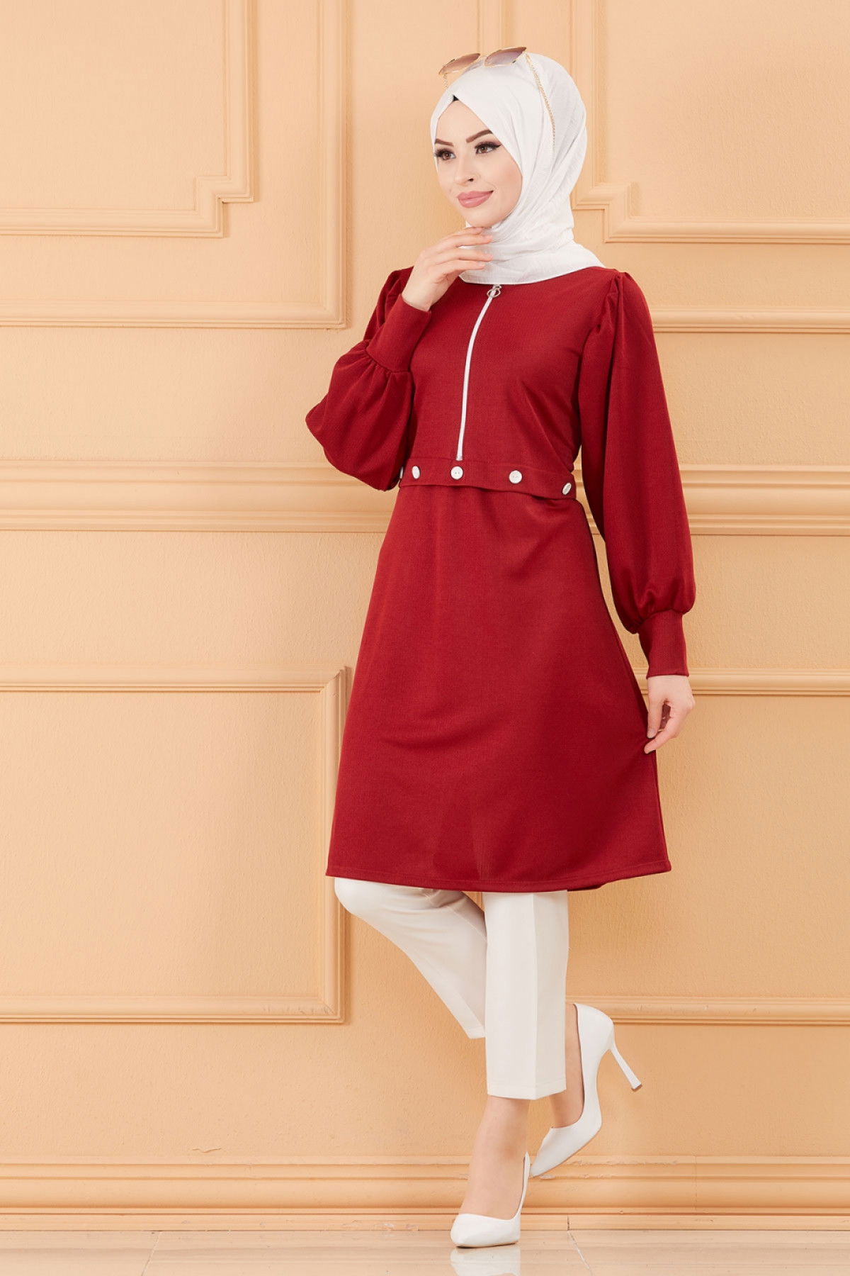 Düz Bisiklet Yaka Kadın Bordo TUNIK - 3680
