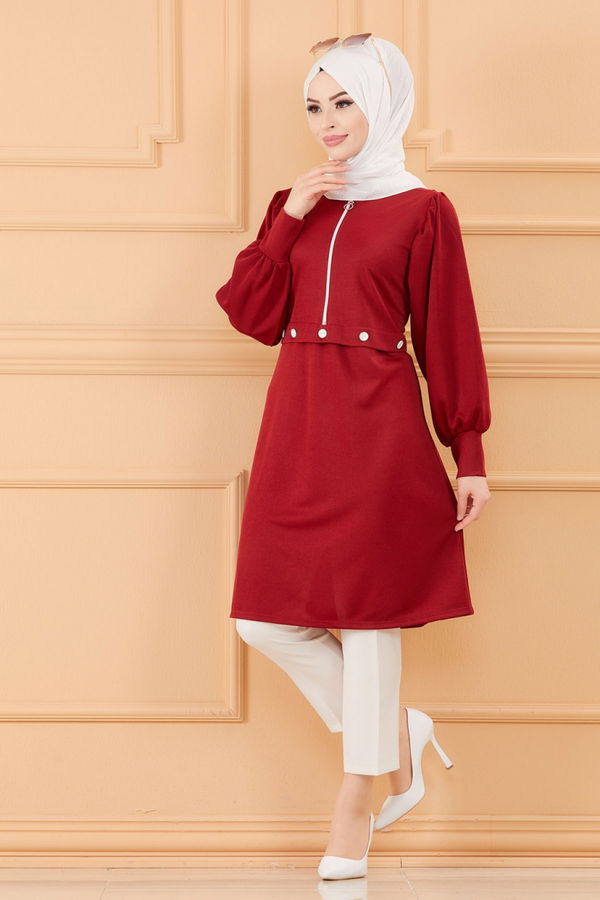 Düz Bisiklet Yaka Kadın Bordo TUNIK - 3680