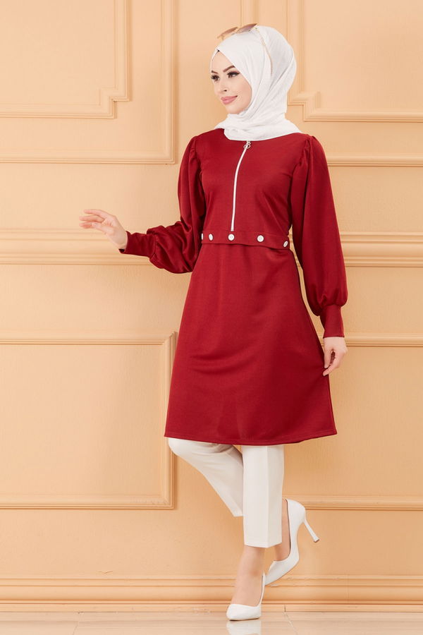 Düz Bisiklet Yaka Kadın Bordo TUNIK - 3680