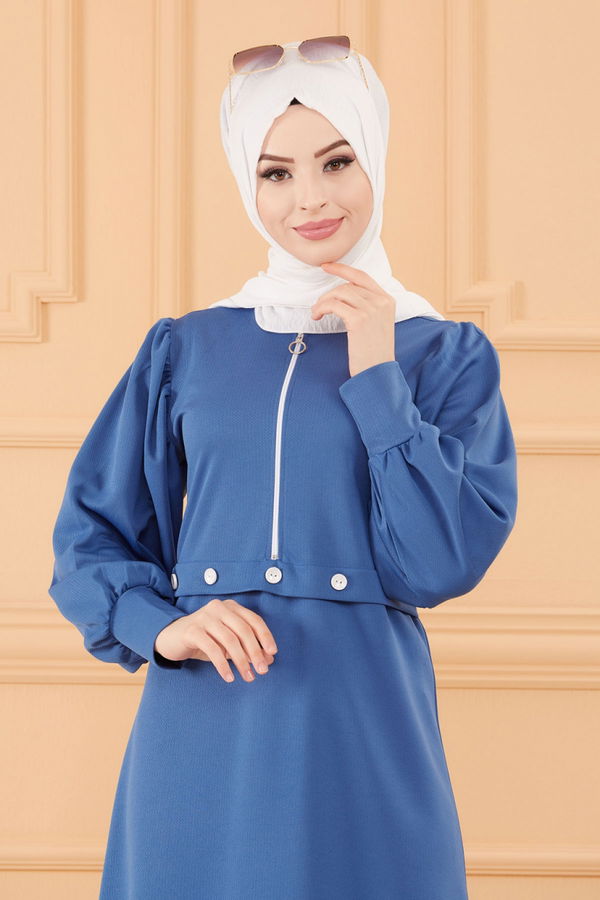 Düz Bisiklet Yaka Kadın Mavi TUNIK - 3680