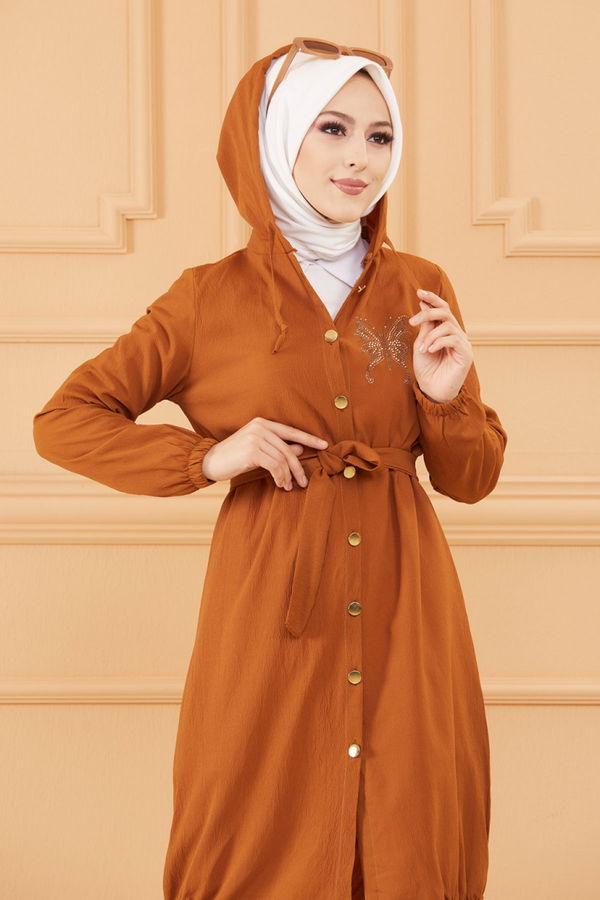 Düz Kapsonlu Yaka Kadın Taba TASLI TUNIK - 3581 TABA
