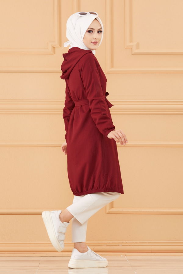 Düz Kapsonlu Yaka Kadın Bordo TASLI TUNIK - 3581 BORDO