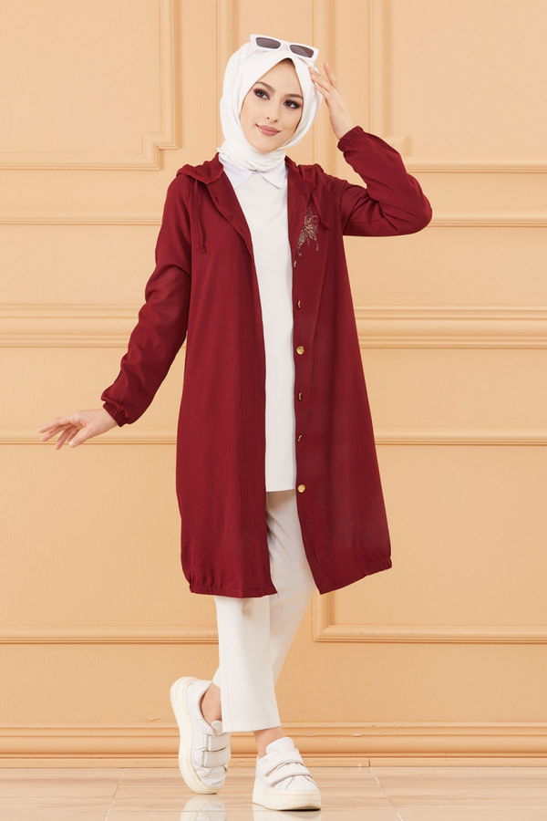 Düz Kapsonlu Yaka Kadın Bordo TASLI TUNIK - 3581 BORDO