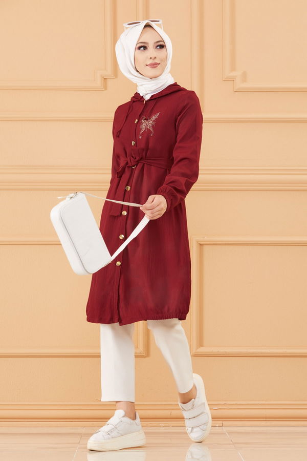 Düz Kapsonlu Yaka Kadın Bordo TASLI TUNIK - 3581 BORDO
