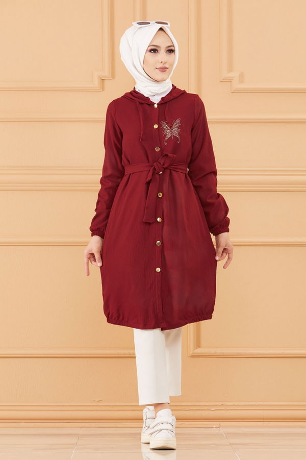 Düz Kapsonlu Yaka Kadın Bordo TASLI TUNIK - 3581 BORDO