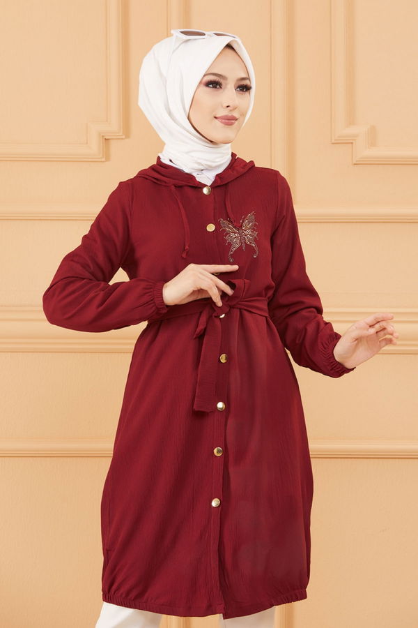 Düz Kapsonlu Yaka Kadın Bordo TASLI TUNIK - 3581 BORDO