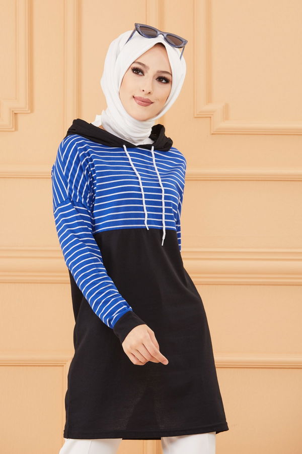 Düz Kapsonlu Yaka Kadın Mavi TUNIK - 3720 MAVİ