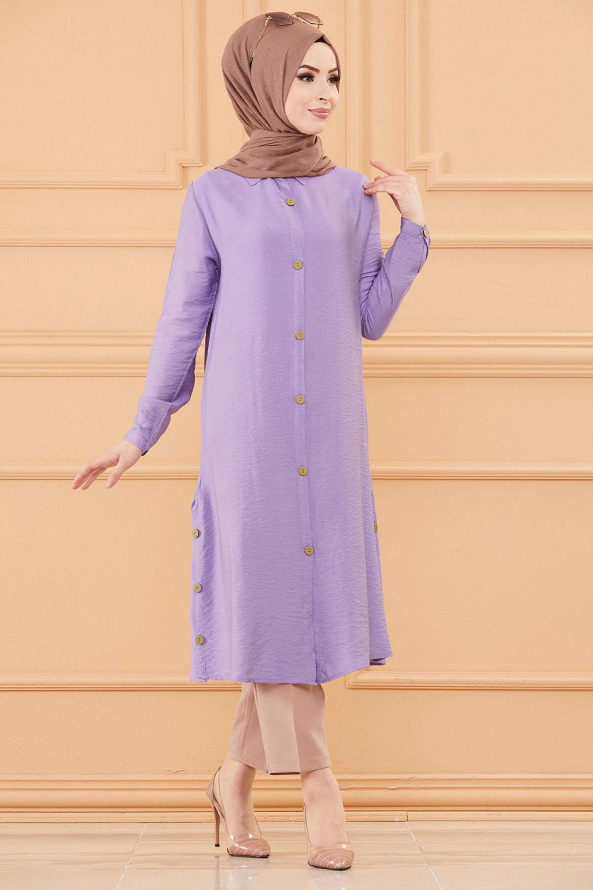 Düz Gömlek Yaka Kadın Lila TUNIK - 3253